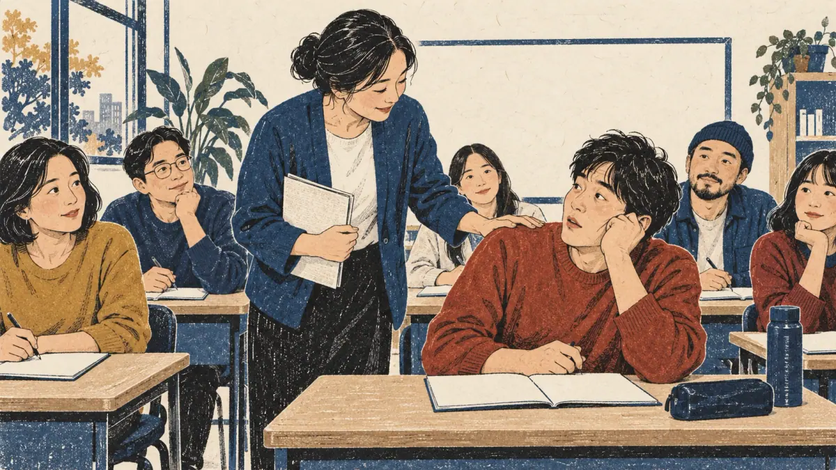 A teacher reminds an adult learner to stay awake during class.