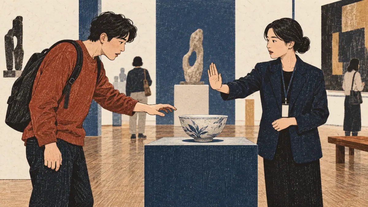 A museum guide gently stops a visitor from touching a fragile bowl.