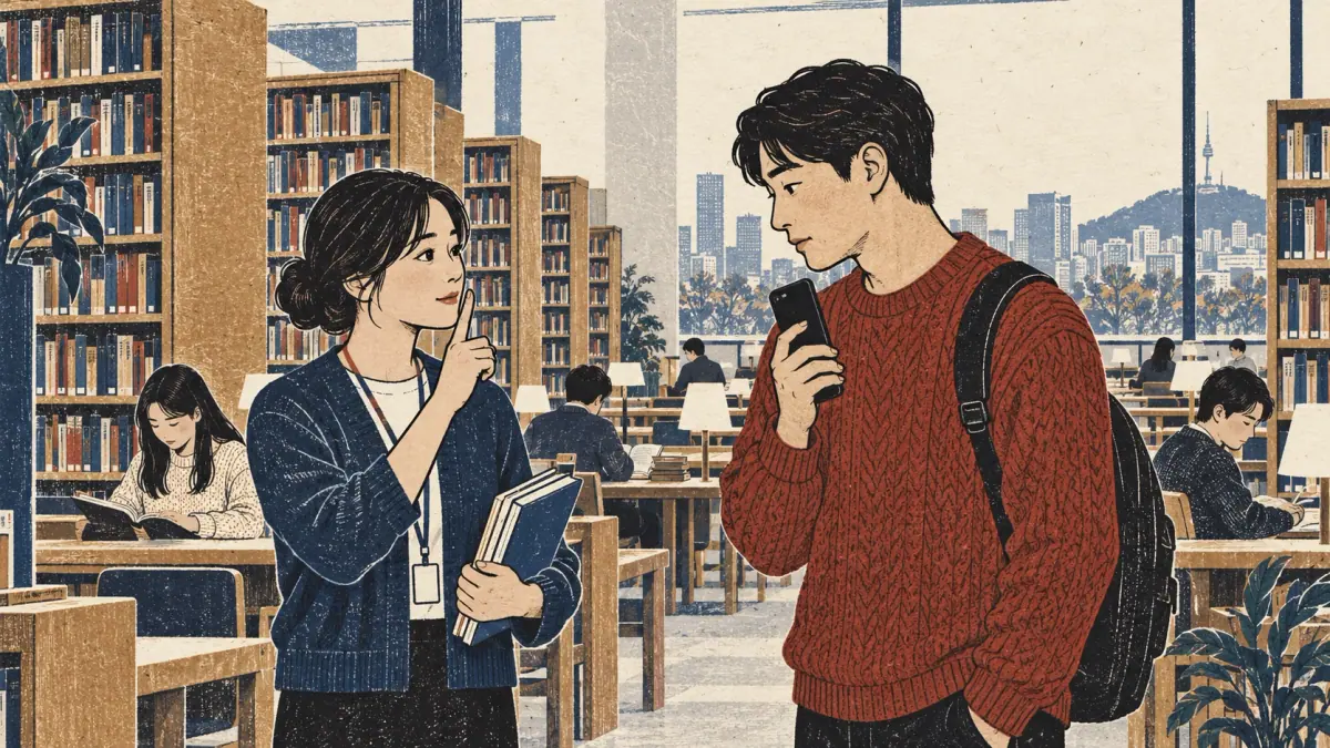 A librarian asks a visitor to stop a phone call in a quiet reading room.