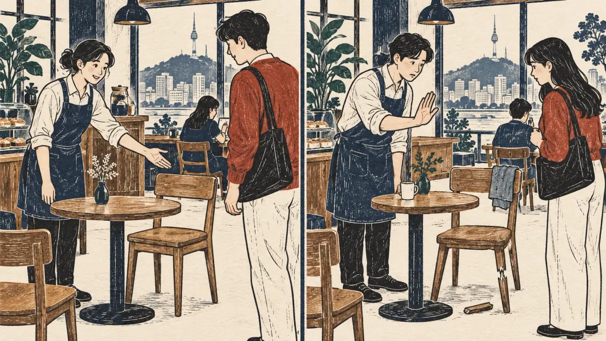 Two café scenes contrast permission to sit with a rule against using a damaged chair.