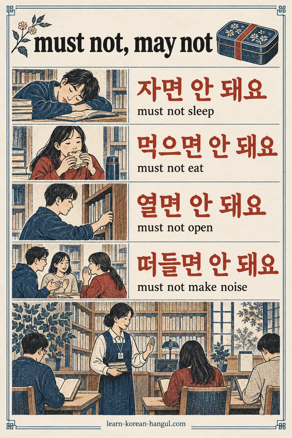 Four rules: 자면 안 돼요, 먹으면 안 돼요, 열면 안 돼요 and 떠들면 안 돼요.