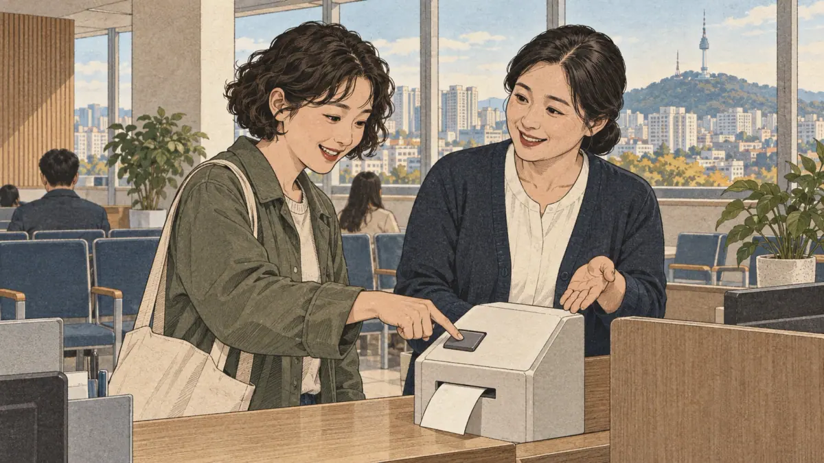 A staff member shows a learner the single button needed to collect a queue ticket in Seoul.