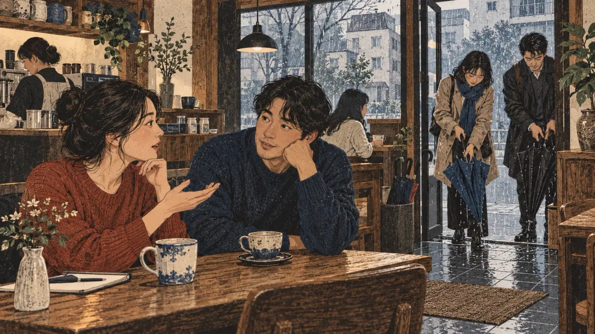 Cafe learners infer rain from arriving adults' wet umbrellas.