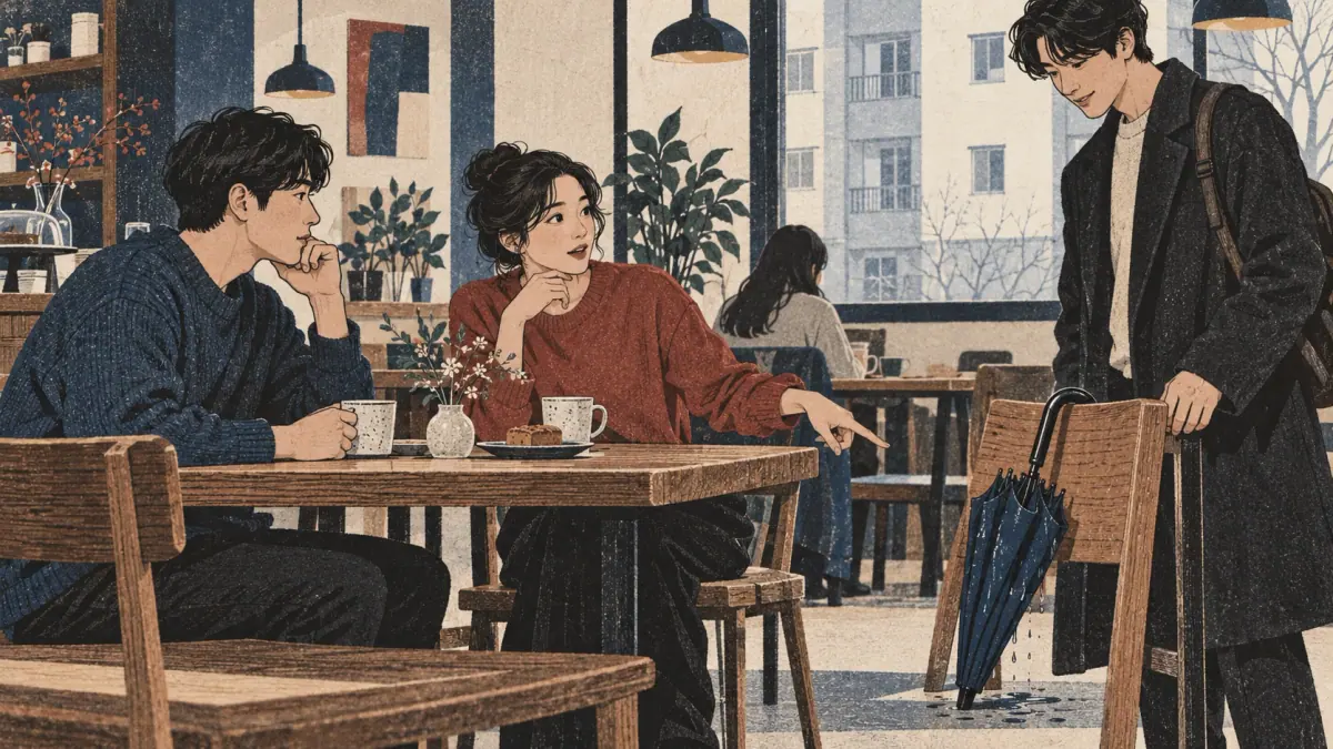 A cafe learner infers rain from a friend's dripping umbrella.