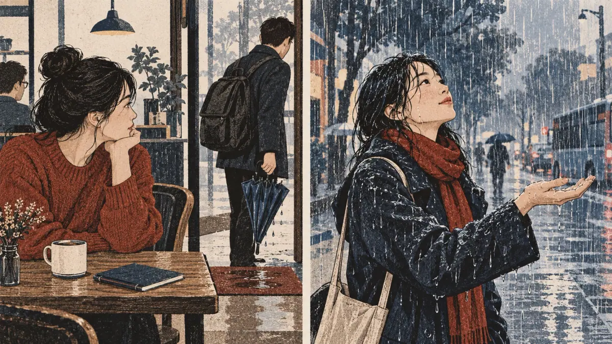 A dry cafe learner infers rain; an adult outside feels rain directly.