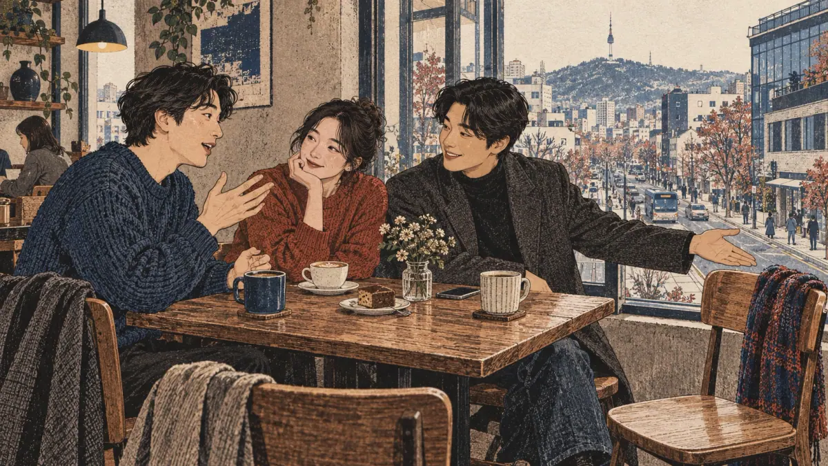 Three friends in a Seoul cafe relay news about someone arriving tomorrow.