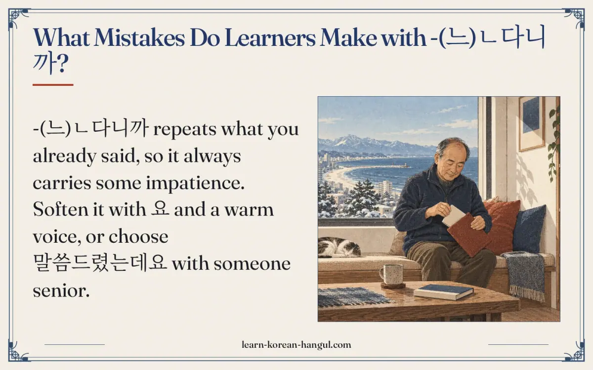 What mistakes do learners make with -(느)ㄴ다니까?