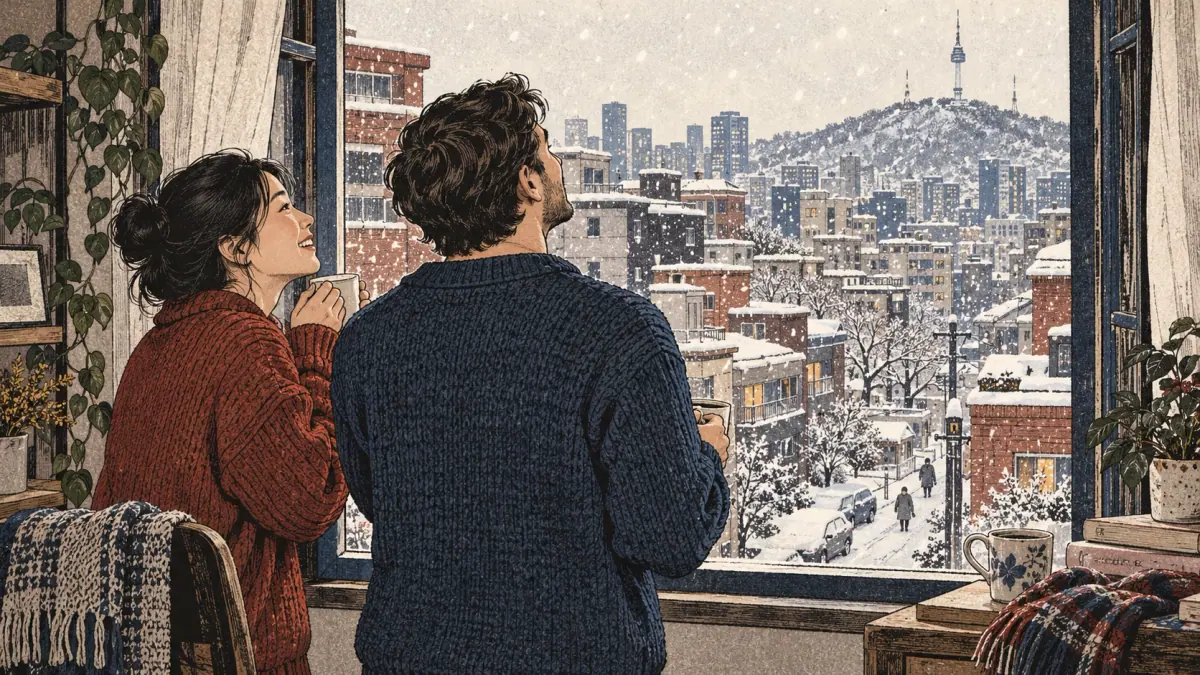 Two friends notice fresh snowfall through a Seoul apartment window.