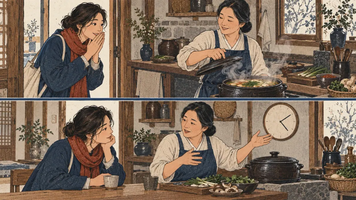 A guest first smells soup, then listens to the cook explain it.