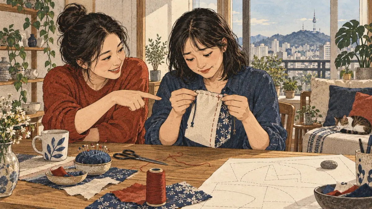 A learner suddenly notices a mistake in their own sewing.