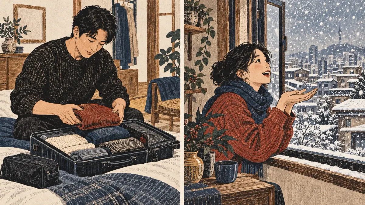 Packing for a future trip contrasts with noticing snow right now.