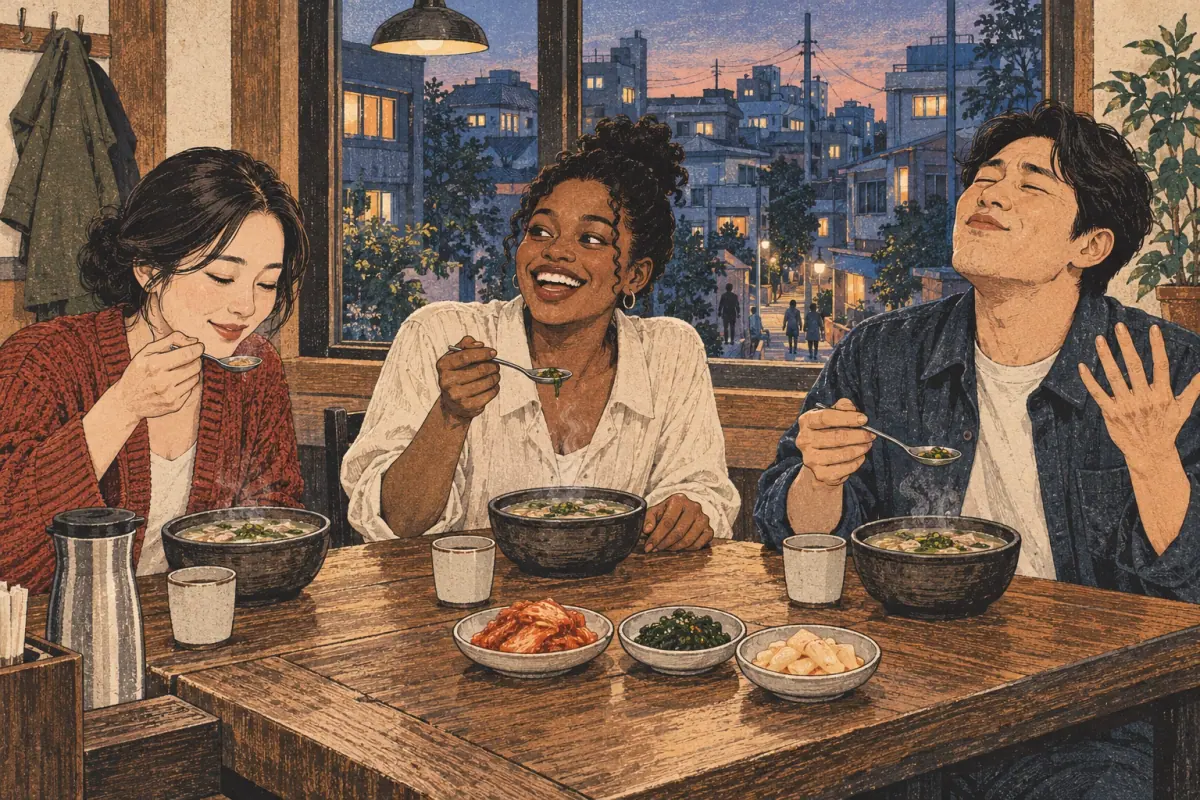 Amigos reaccionan con distintos grados de entusiasmo a la comida coreana en un restaurante de Seúl.