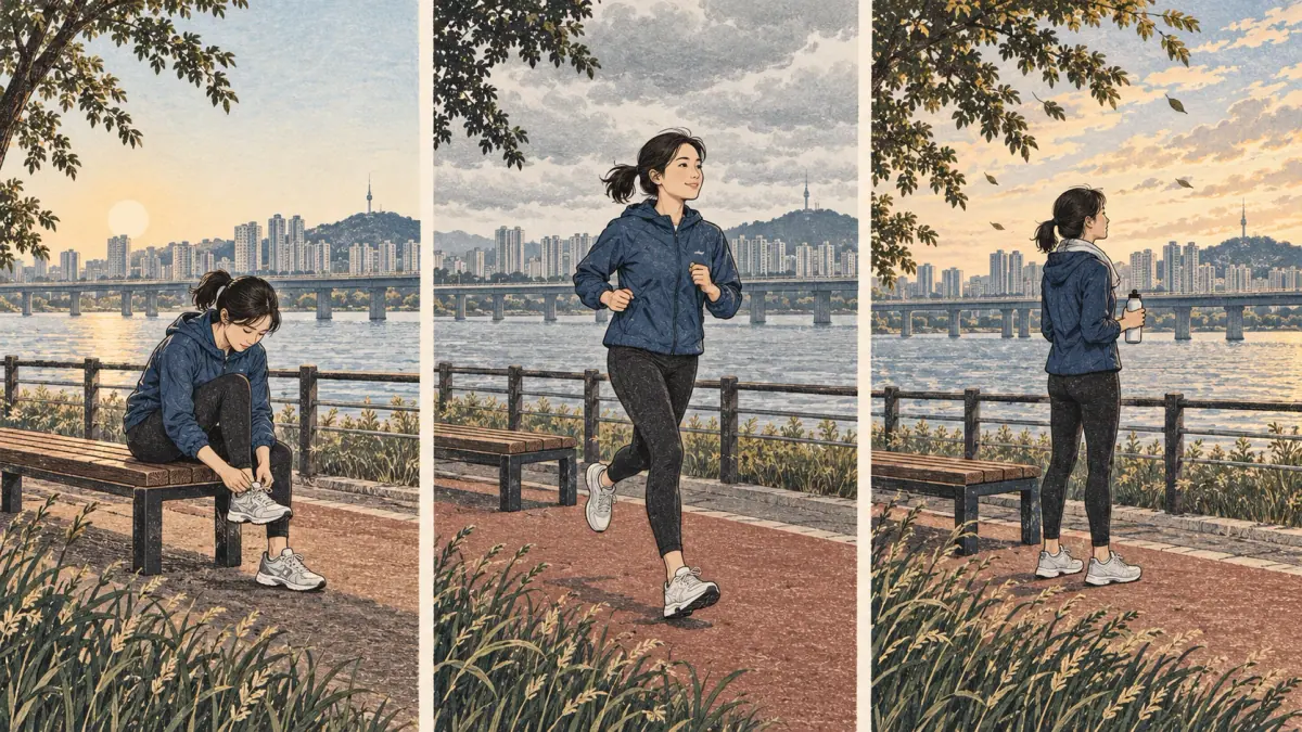 Three moments of the same runner exercising regularly beside the Han River in Seoul.