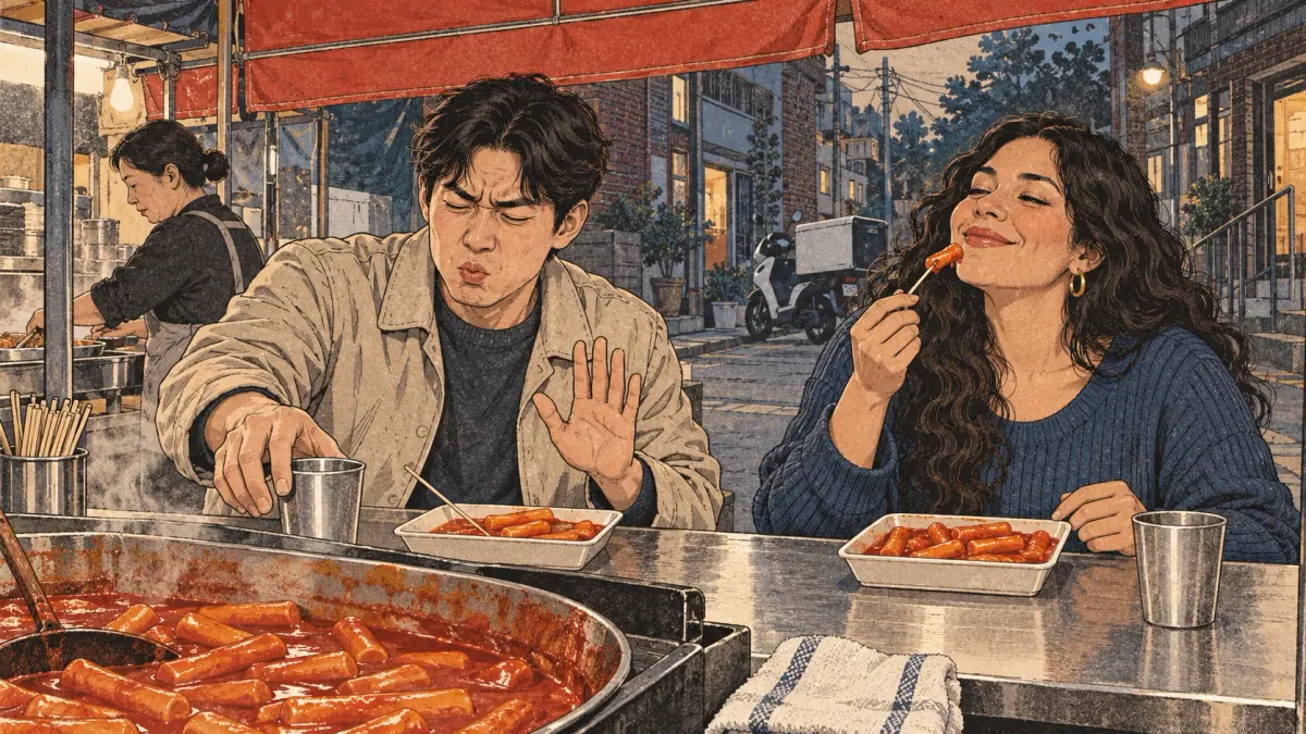 One friend stops eating spicy tteokbokki while another delights in a tasty bite at a Seoul street-food stall.