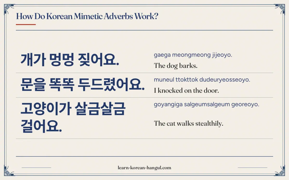개가 멍멍 짖어요. · gaega meongmeong jijeoyo. · The dog barks. · How do Korean mimetic adverbs work?