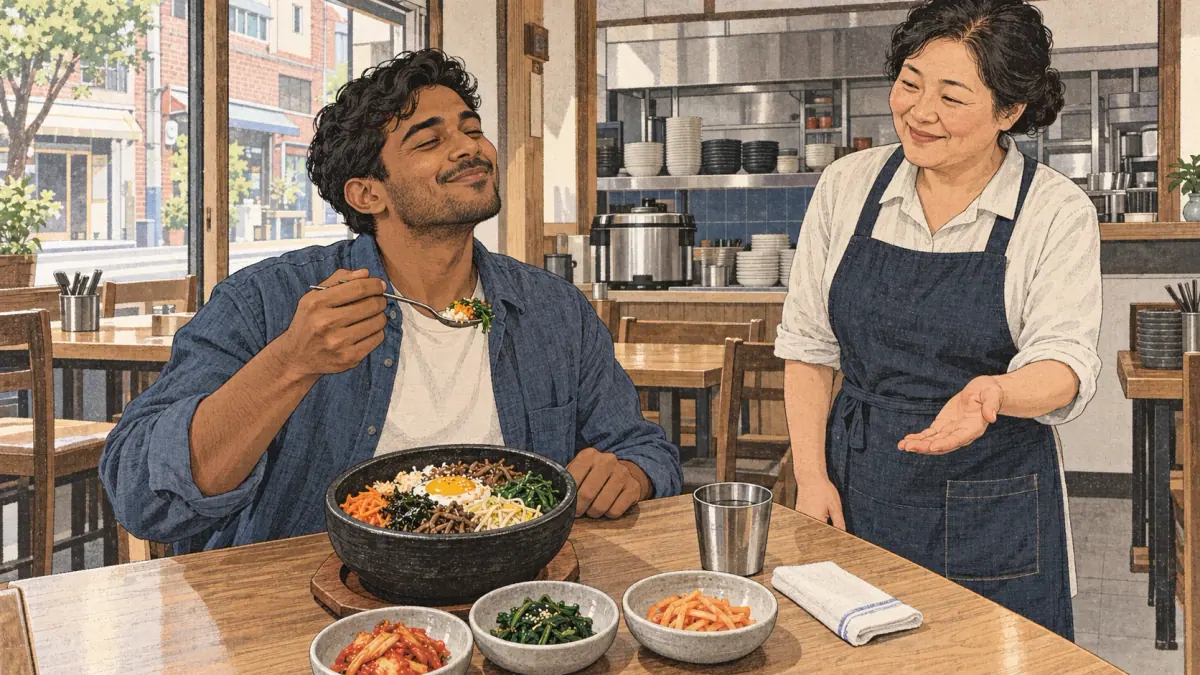 A diner savors bibimbap while a Korean restaurant owner welcomes him to enjoy the meal.
