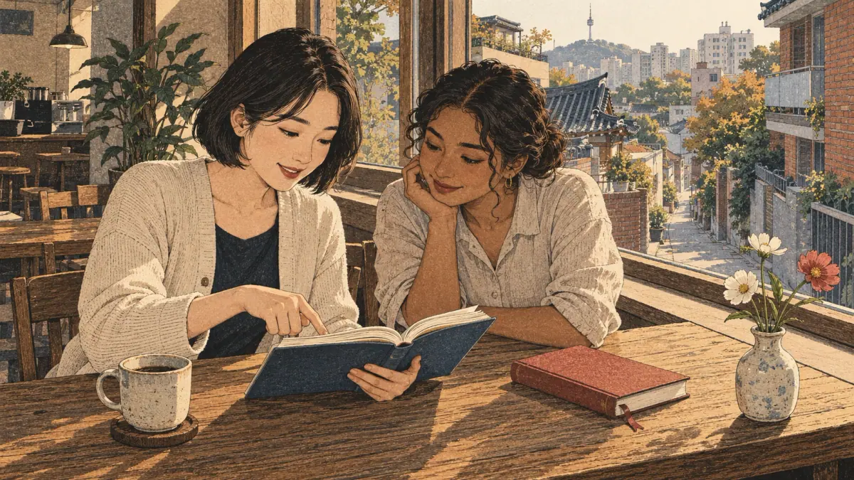 A reader points to her open book beside a finished book and flowers in a Seoul café.