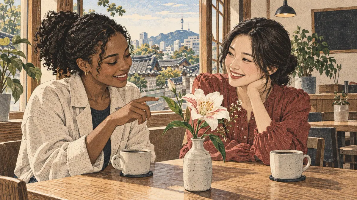 A woman smiles as her friend admires a pretty flower at a Seoul café table.