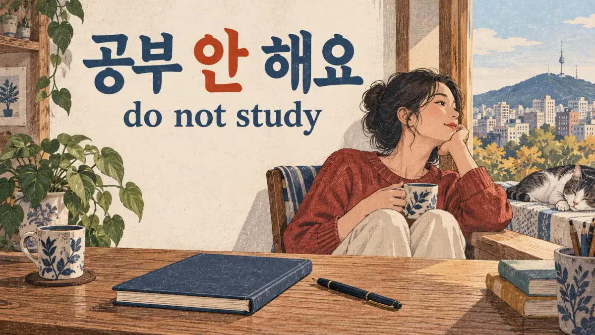 Una estudiante descansa junto a un libro cerrado; 공부 안 해요 significa no estudio.