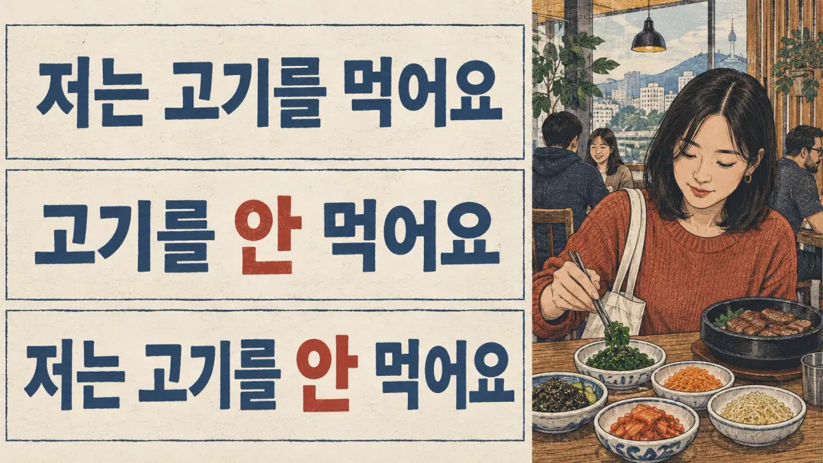 Tres tiras muestran 저는 고기를 먹어요, 고기를 안 먹어요 y 저는 고기를 안 먹어요 junto a una comensal.