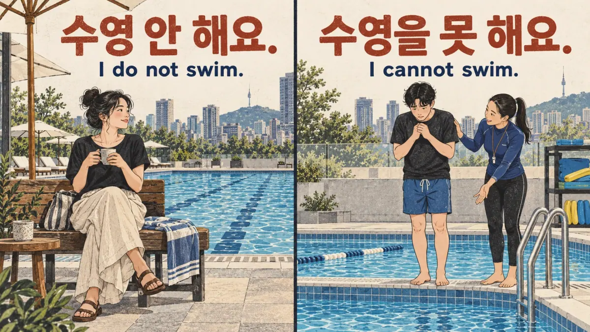 Escenas en una piscina comparan 수영 안 해요. y 수영을 못 해요.: decisión e incapacidad.