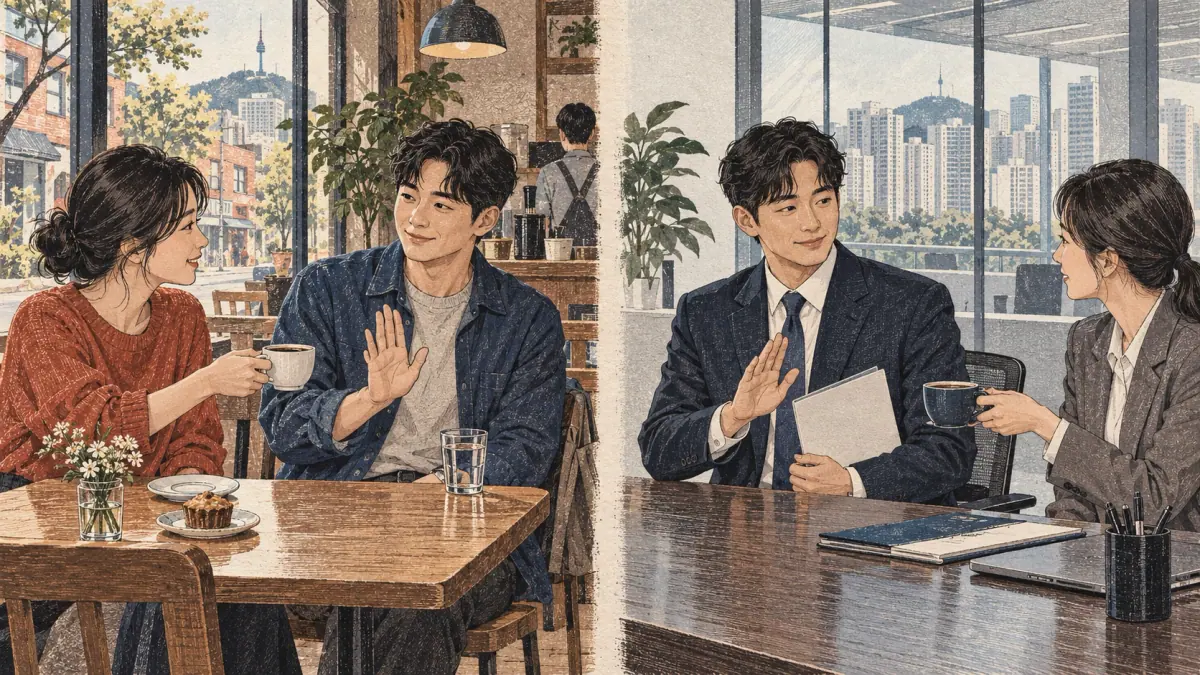 Two scenes show a coffee refusal among friends and during a formal Seoul office meeting.