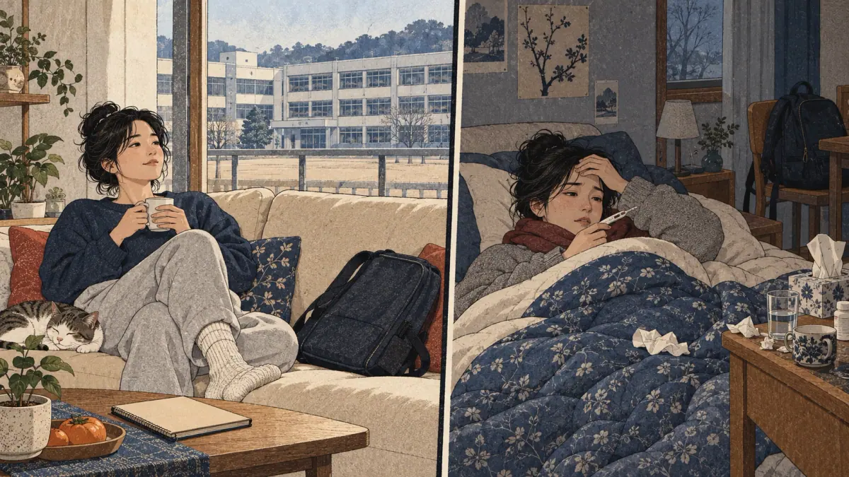 An adult stays home on a relaxed Sunday; the same learner is confined to bed by illness.