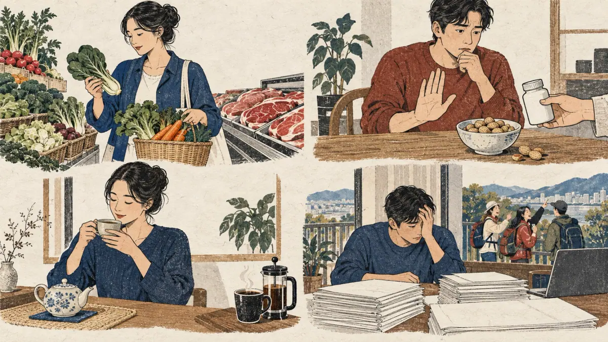 Four situations show vegetarian preference, peanut allergy, choosing tea and being too busy to join friends.