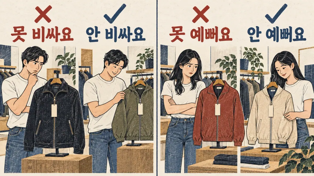 Clothing comparisons correct 못 비싸요 to 안 비싸요 and 못 예뻐요 to 안 예뻐요.