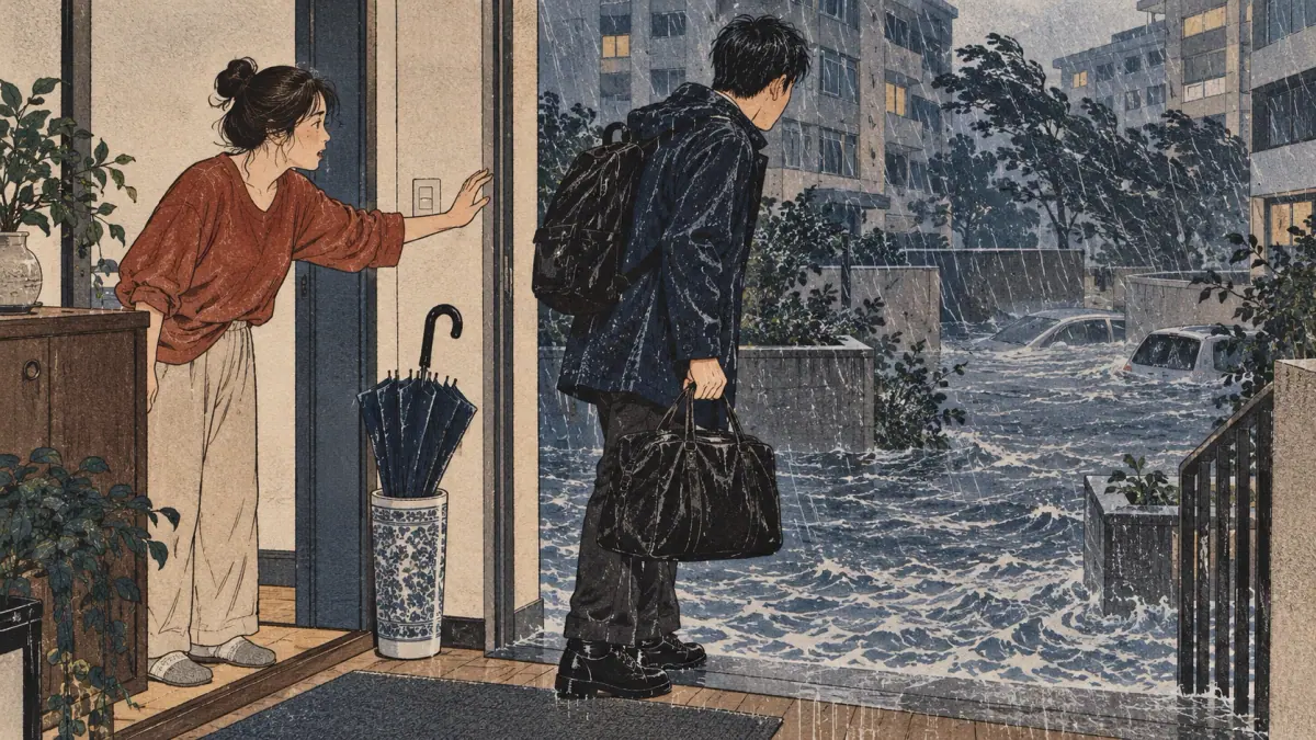 A ready-to-leave adult is blocked at an apartment doorway by heavy rain and flooded streets.