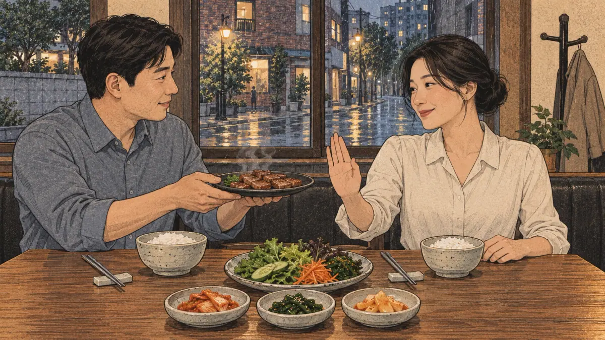 A diner politely declines grilled meat while choosing vegetables in a contemporary Korean restaurant.