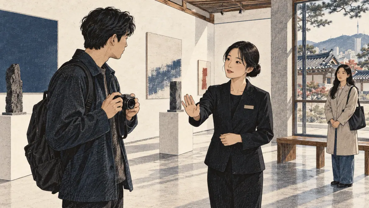 A gallery attendant politely asks an adult visitor to lower their camera.