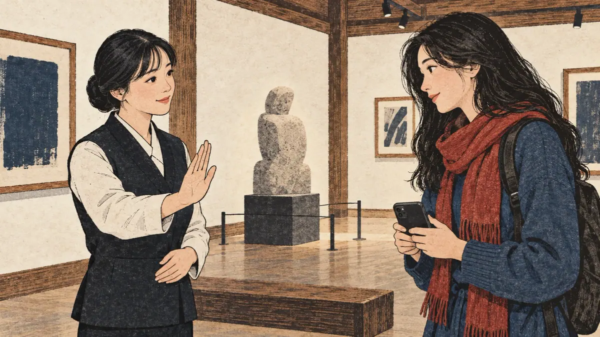 A visitor lowers a camera after a polite request in a Korean gallery.