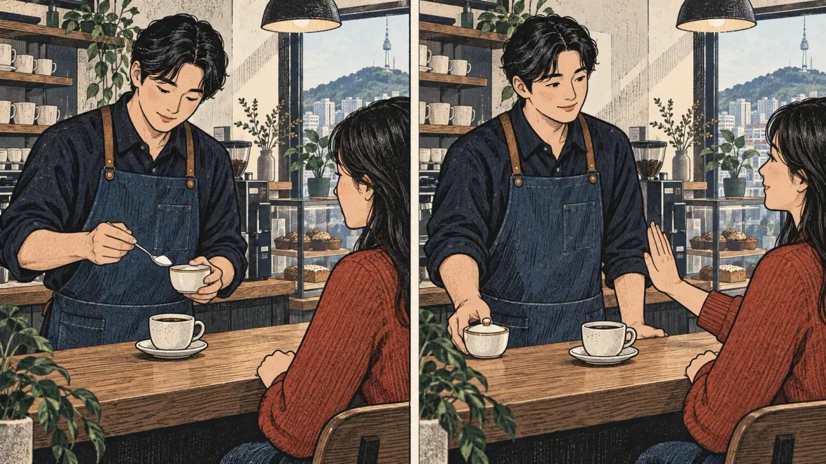 A customer asks a barista to leave sugar out of a coffee; two panels show the action avoided.