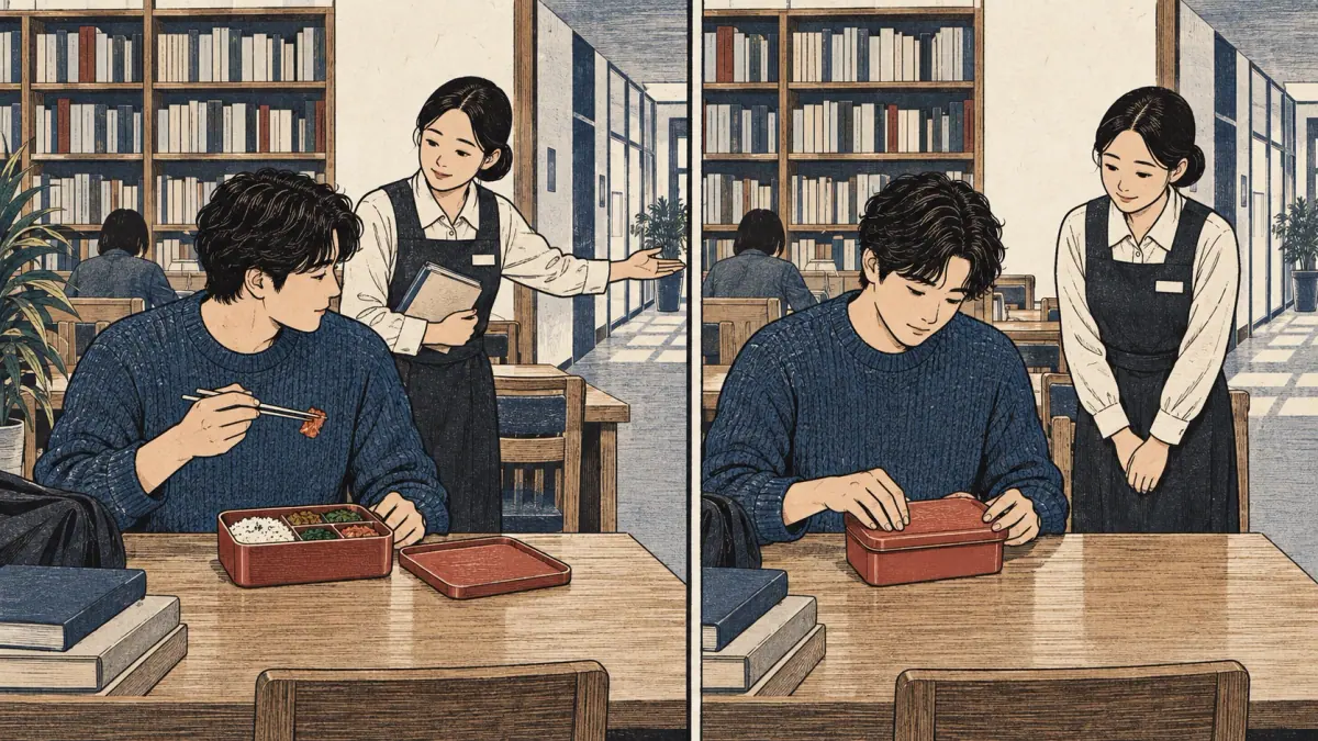 Two library scenes show a polite request followed by a learner putting food away.