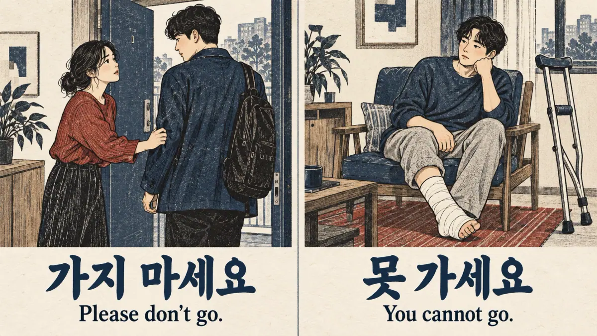 가지 마세요 asks someone to stay; 못 가세요 describes an injured person's inability to go.