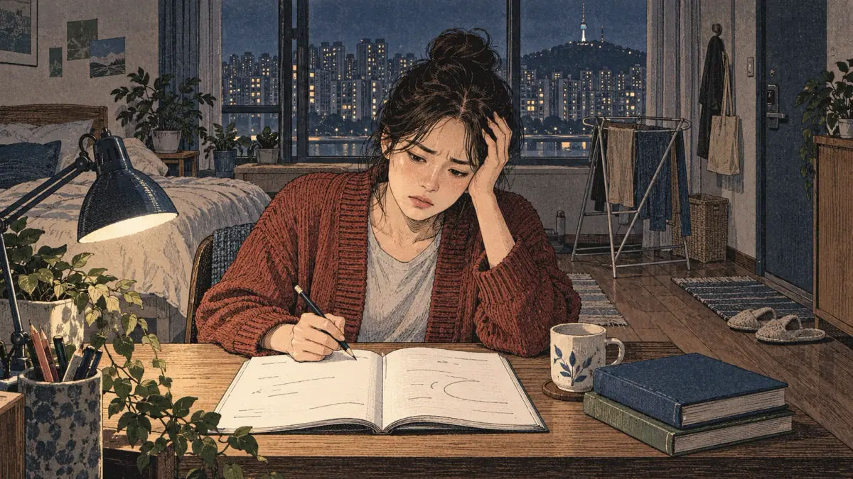 An adult learner struggles to finish homework at a Seoul apartment desk late at night.