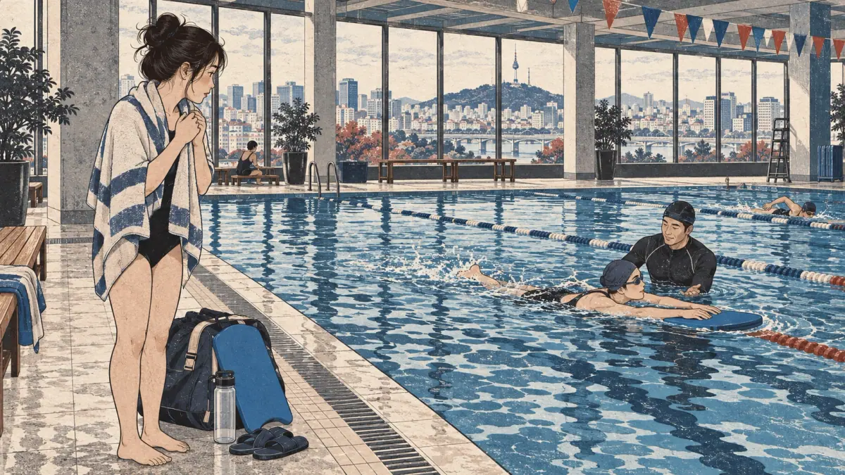 Adult beginner hesitates at a Seoul swimming pool while an instructor helps another learner.