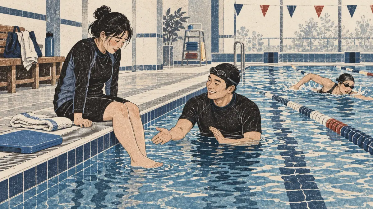 A beginner watches a swimmer while an instructor offers help at the pool edge.