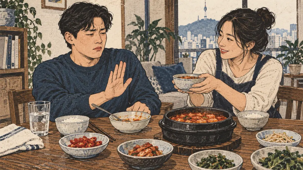 A learner sets down a spoon after trying spicy stew while a friend offers more.