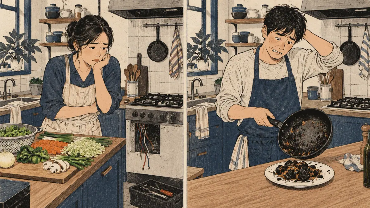 Two kitchens contrast a broken stove that prevents cooking with burned food from poor cooking skill.