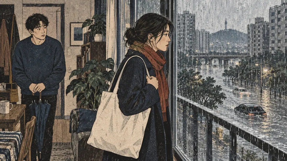 A traveler ready to leave sees a flooded Seoul street through an apartment window.