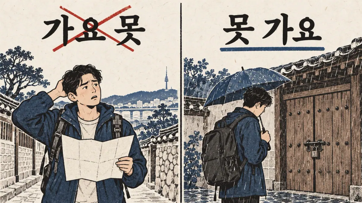 Cards compare incorrect 가요 못 with correct 못 가요 beside a traveler blocked at a doorway.