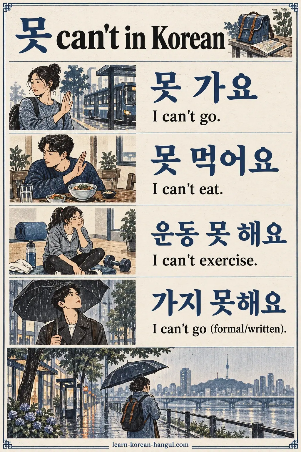 Four examples: 못 가요, 못 먹어요, 운동 못 해요 and 가지 못해요 above a rainy Seoul scene.