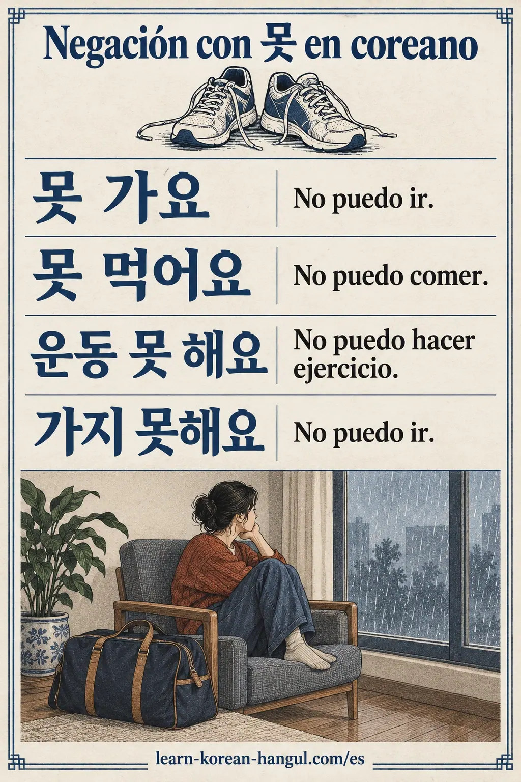 못 가요, 못 먹어요, 운동 못 해요 y 가지 못해요 con significados en español sobre una persona que observa la lluvia.