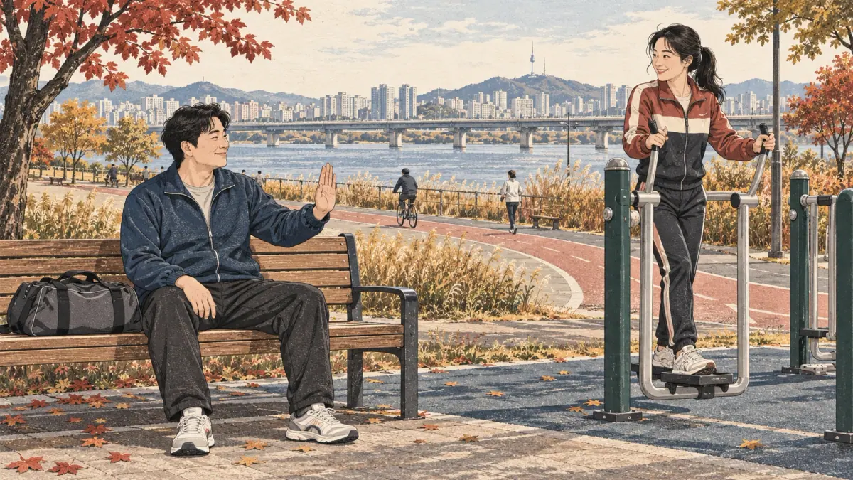 A man sits out exercise while his friend uses outdoor fitness equipment beside the Han River.