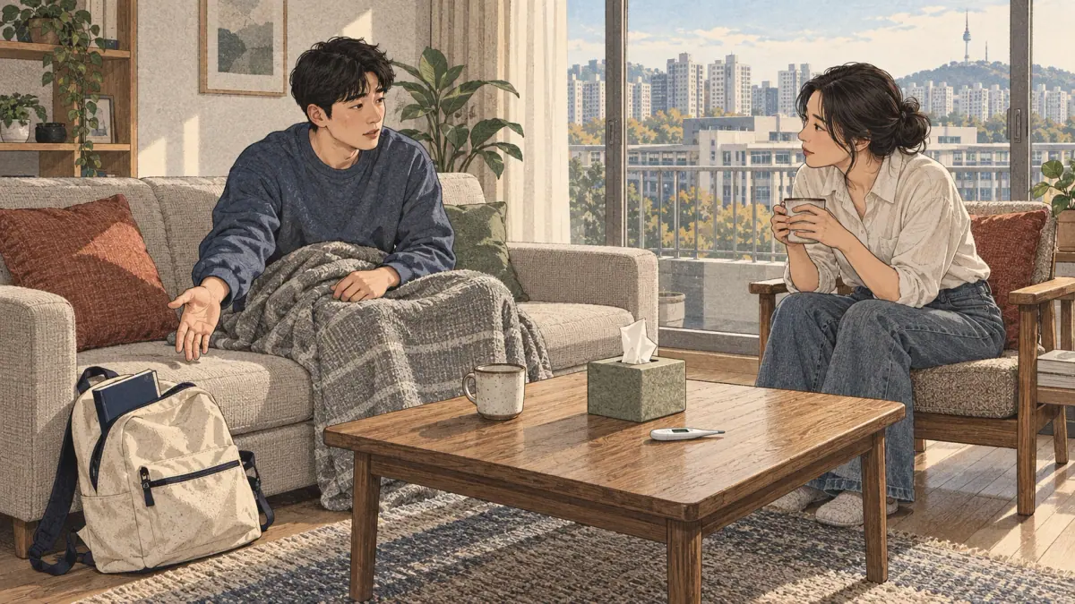 An adult learner recovering from illness explains a missed class to a friend in a Seoul apartment.