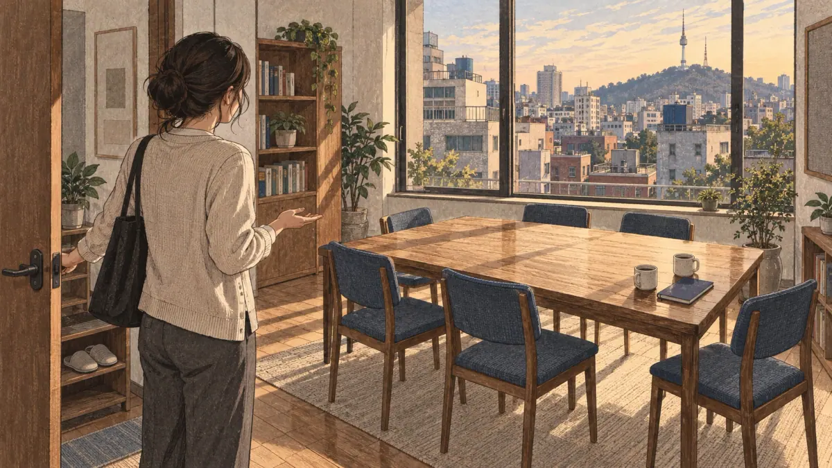 A woman discovers that nobody has arrived at a Seoul study room.