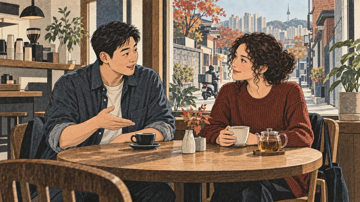 Two friends discuss coffee and tea in a Seoul café.
