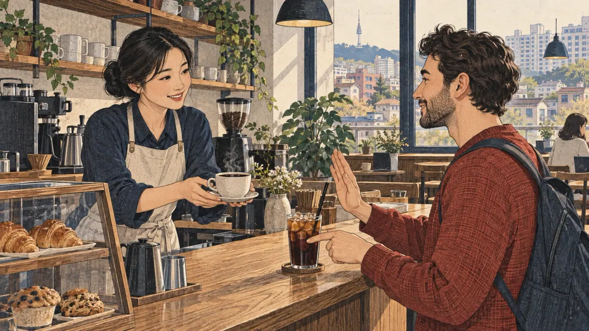 Un cliente rechaza cortésmente el café caliente y señala una bebida con hielo.